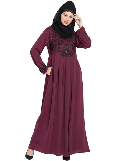 Arabic Hand embroidered Wine party Abaya Wine