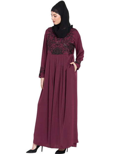Arabic Hand embroidered Wine party Abaya Wine