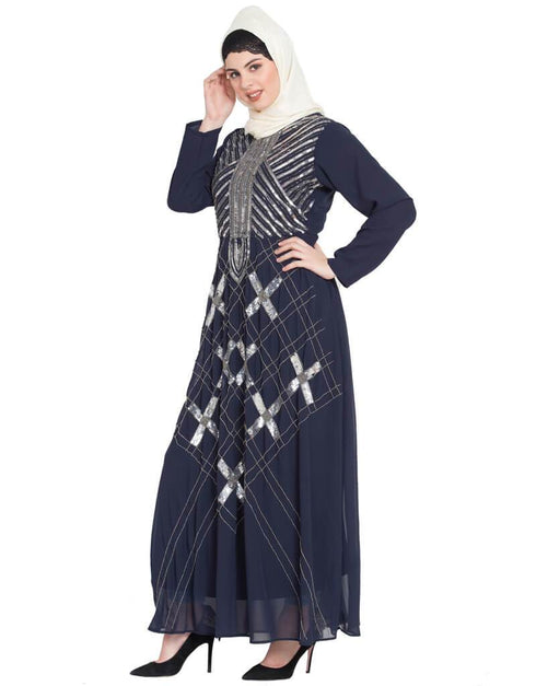 Women Beads sequins embellished party Abaya Navy Blue