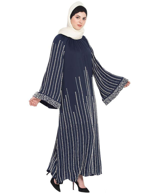 Muslimah Full hand work pearls embellished wedding Abaya Navy Blue