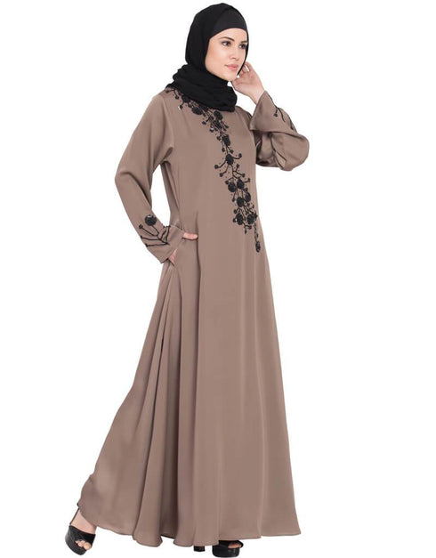 Chic Hand work beads embellished Party Abaya Brown