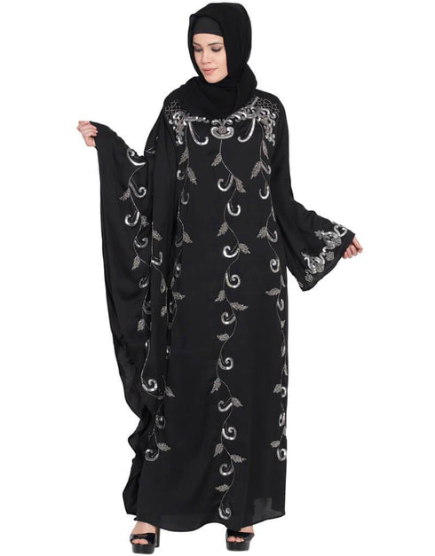 Trendy Butterfly Sleeve Hand work Party Abaya Black