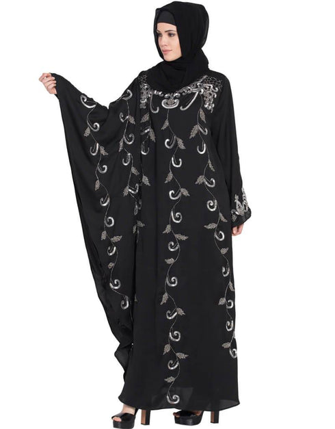 Trendy Butterfly Sleeve Hand work Party Abaya Black