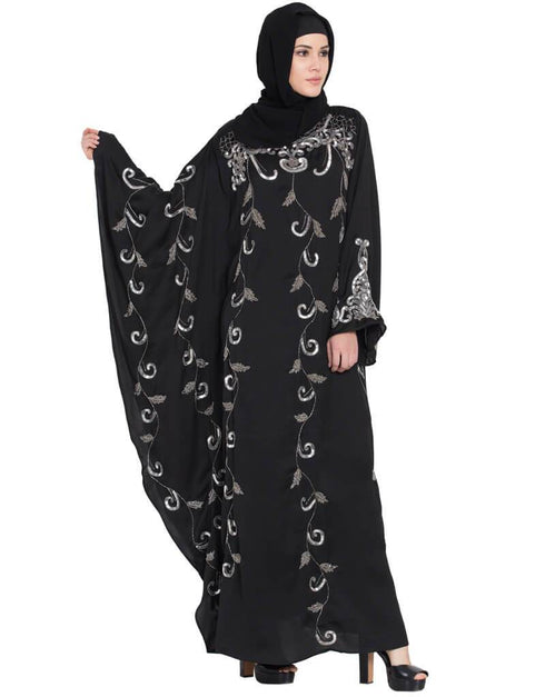 Trendy Butterfly Sleeve Hand work Party Abaya Black