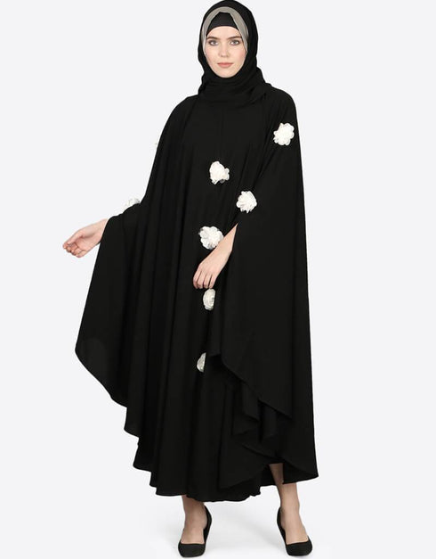 Dubai White Flower Irani Kaftan Black