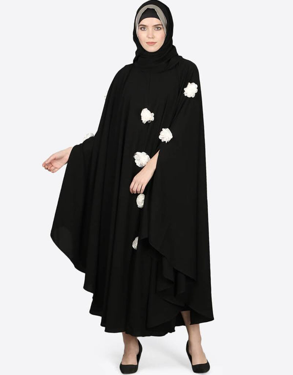 Dubai White Flower Irani Kaftan Black