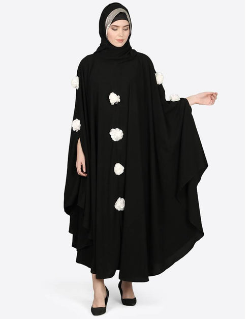 Dubai White Flower Irani Kaftan Black