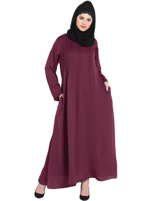 Muslim Pin tuck side placket Abaya Maroon