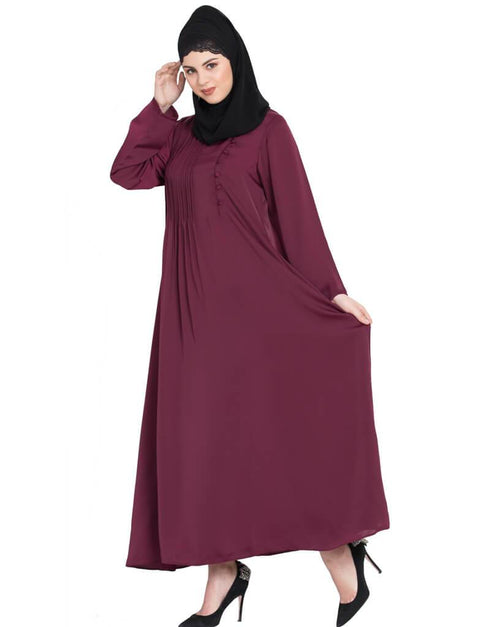 Muslim Pin tuck side placket Abaya Maroon