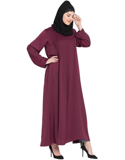 Muslim Pin tuck side placket Abaya Maroon