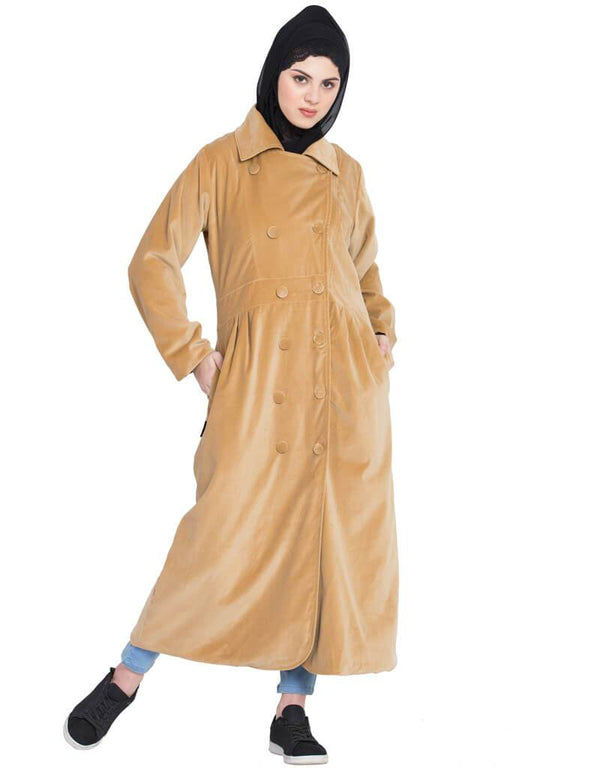 Modest Velvet Winter double breast Coat Abaya Beige