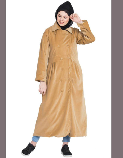 Modest Velvet Winter double breast Coat Abaya Beige