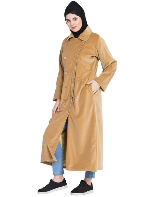 Modest Velvet Winter double breast Coat Abaya Beige