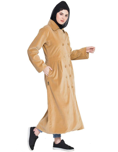 Modest Velvet Winter double breast Coat Abaya Beige
