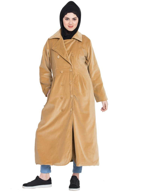 Modest Velvet Winter double breast Coat Abaya Beige