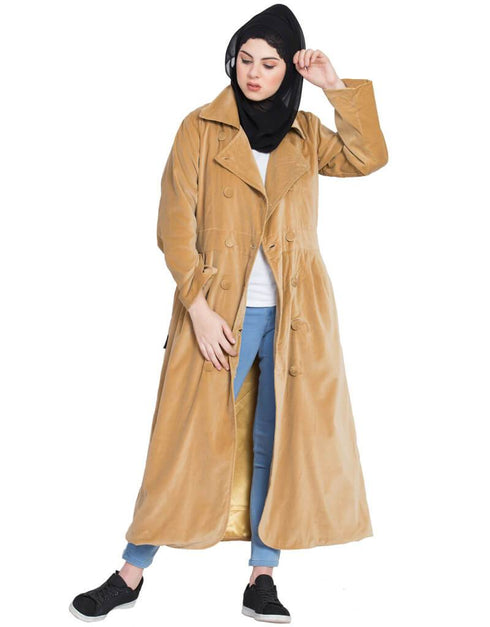 Modest Velvet Winter double breast Coat Abaya Beige