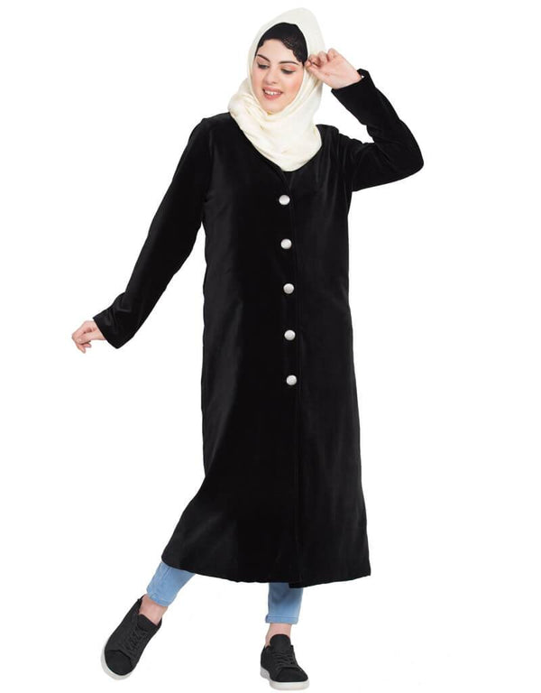 Islamic Velvet Front open Coat Abaya Black