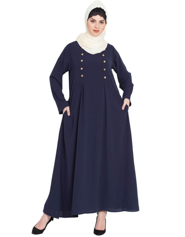 Modern Pleat and decorative button Abaya Blue