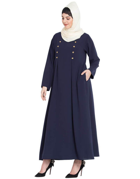 Modern Pleat and decorative button Abaya Blue