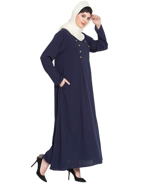 Modern Pleat and decorative button Abaya Blue