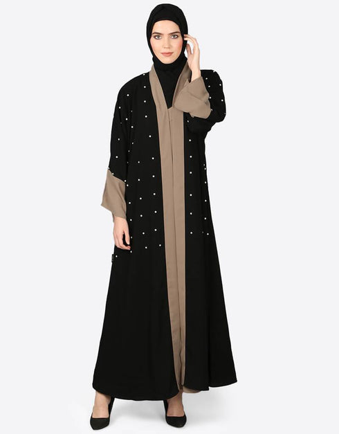 Muslim contrast band cuff pearls beaded Dubai Kaftan Black