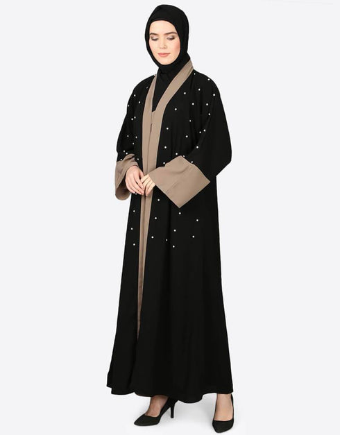 Muslim contrast band cuff pearls beaded Dubai Kaftan Black