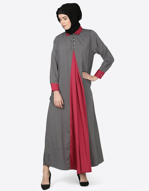 Modest Contrast Yoke Grey and WineCasual Abaya Grey