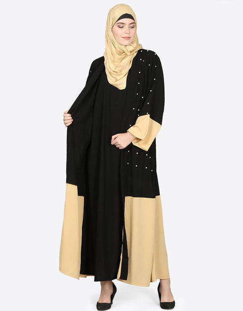 Islamic Contrast bottom cuff pearls beaded with inner Dubai Kaftan Black