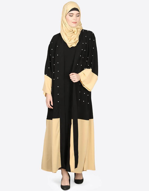 Islamic Contrast bottom cuff pearls beaded with inner Dubai Kaftan Black