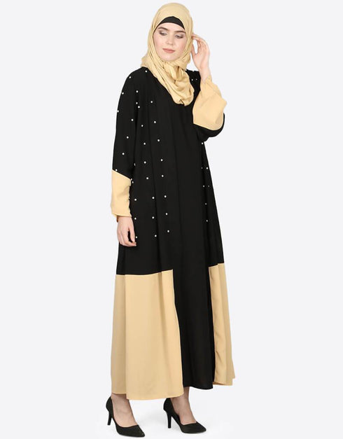 Islamic Contrast bottom cuff pearls beaded with inner Dubai Kaftan Black