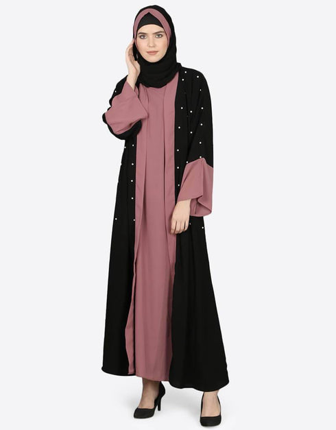 Muslimah Contrast beaded Dubai Kaftan Black