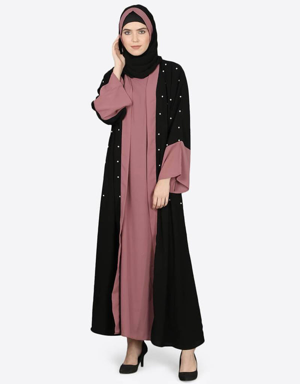 Muslimah Contrast beaded Dubai Kaftan Black