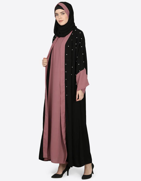 Muslimah Contrast beaded Dubai Kaftan Black