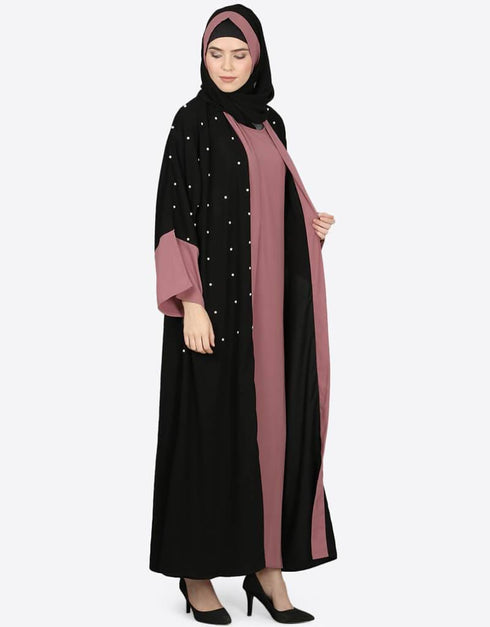 Muslimah Contrast beaded Dubai Kaftan Black