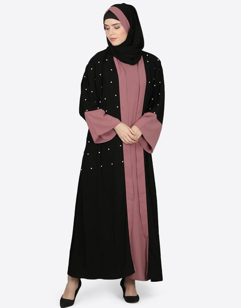 Muslimah Contrast beaded Dubai Kaftan Black