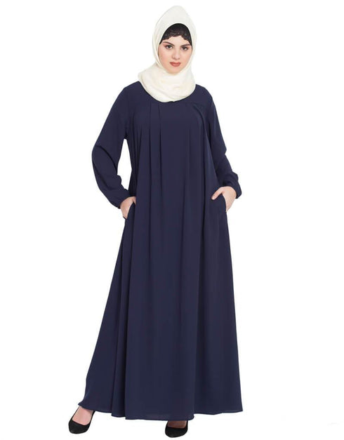 Trendy Four pleats at bust casual Abaya Blue