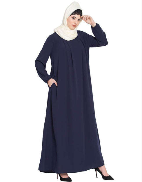 Trendy Four pleats at bust casual Abaya Blue