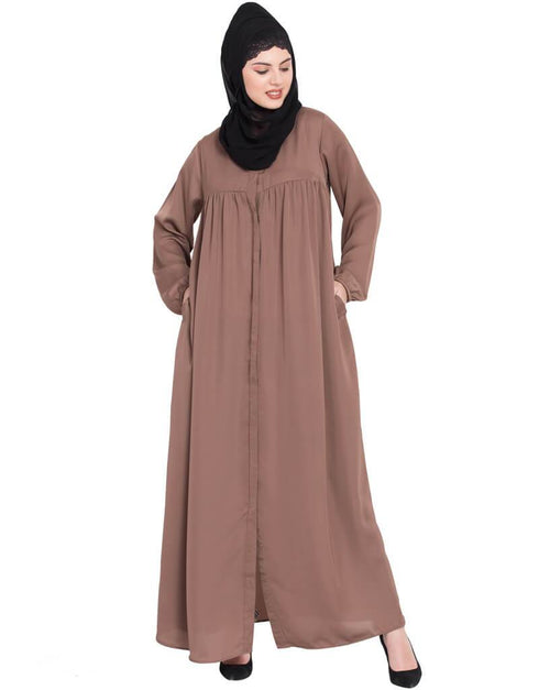 Modern Front Open gather at bust casual Abaya Brown