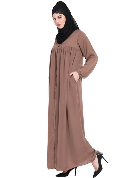 Modern Front Open gather at bust casual Abaya Brown