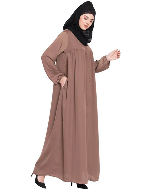 Modern Front Open gather at bust casual Abaya Brown