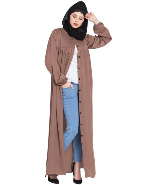 Modern Front Open gather at bust casual Abaya Brown