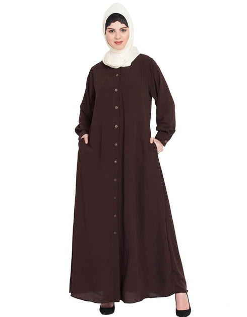 Dubai Front open cuff and band casual Abaya Brown
