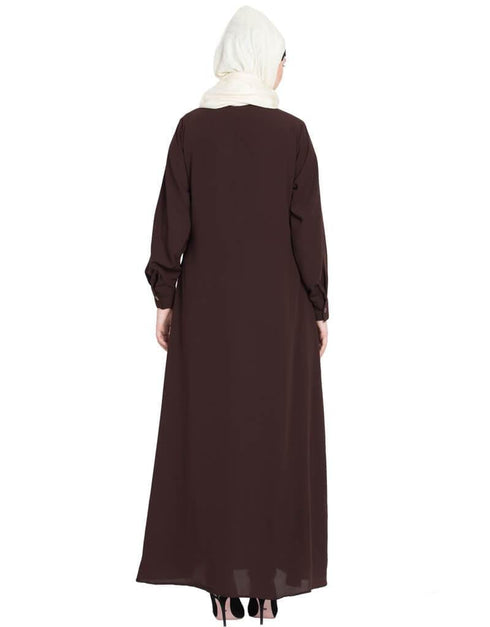 Dubai Front open cuff and band casual Abaya Brown