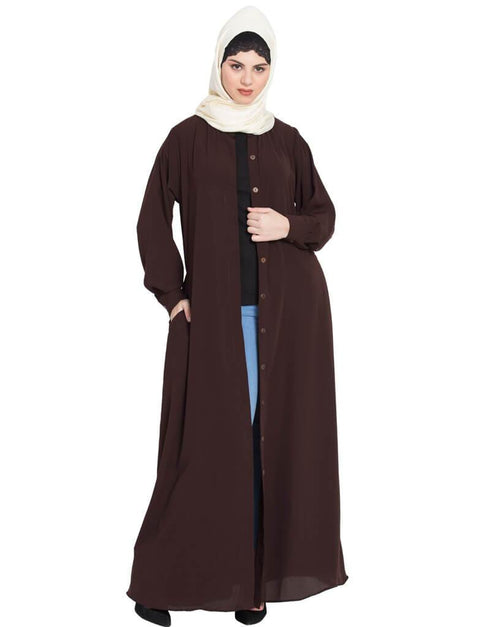 Dubai Front open cuff and band casual Abaya Brown
