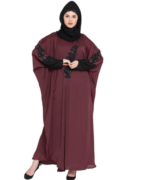 Chic contrast sleeve patch butterfly Kaftan Maroon