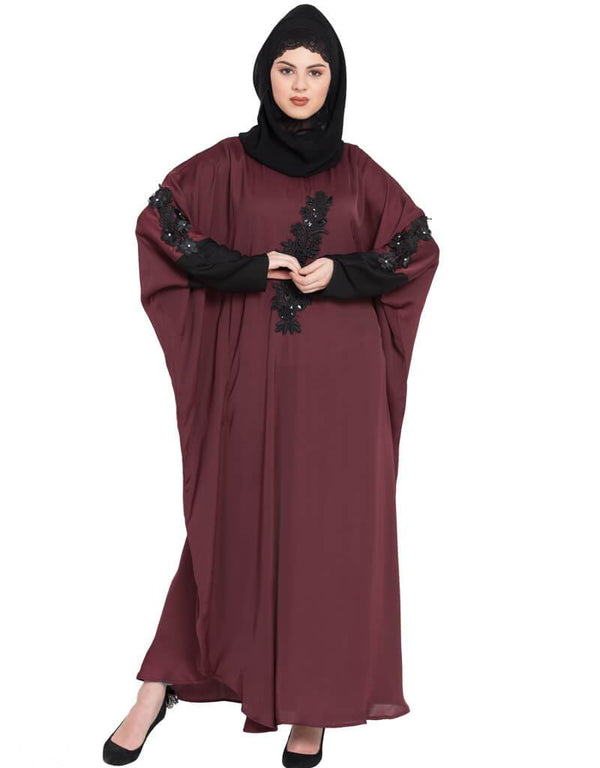 Chic contrast sleeve patch butterfly Kaftan Maroon