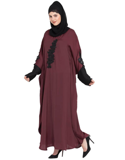 Chic contrast sleeve patch butterfly Kaftan Maroon