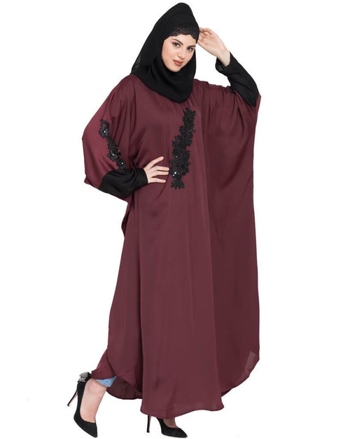 Chic contrast sleeve patch butterfly Kaftan Maroon