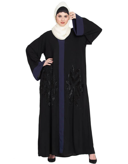 Trendy Contrast Band hand work Dubai Kaftan Black