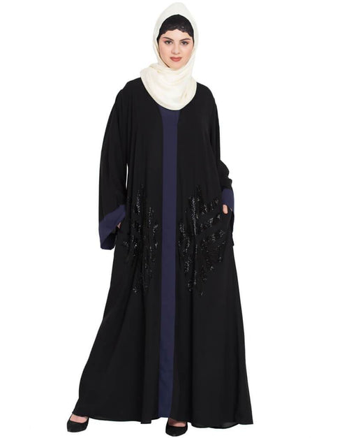 Trendy Contrast Band hand work Dubai Kaftan Black
